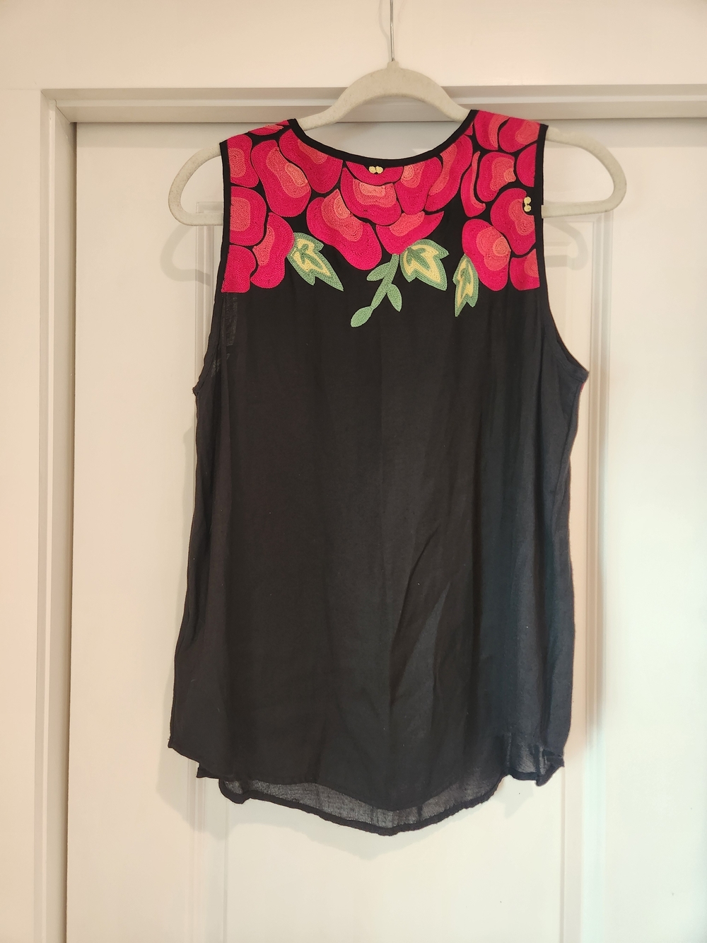 Floreat For Anthropologie Black Tank with Pink Floral Appliqué Embroidery - Picture 2 of 5